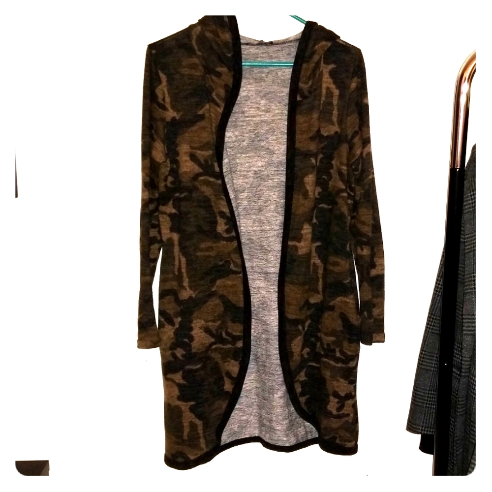 Camo Print Open Hooded Duster Cardigan